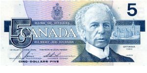 $5 1986
Blue 
Governor Bonin
Deputy Governor G.G. Thiessen
Front Portrait of Sir Wilfrid Laurier
Rev Belted Kingfisher Banknote