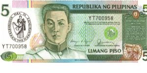 Philippine 5 Pesos note with Kababaihan Para Sa Kaunlaran overprint, notes in series, 4/5. Banknote