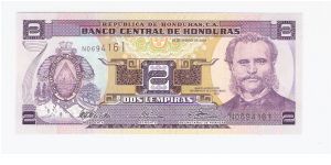 Honduras 2Lempiras 2003 UNC Front: Marco Aurelio Soto

Honduras 2Lempiras 2003 Back: Island, and Port of Amapala Banknote