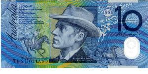 $10 1998 Polymer
Blue/Green
Governor Ian Macfarlane
Sec Treasury Ted Evans
Front Man on horseback herding horses, A B Banjo Patterson
Rev 
Horse & dray, Two portraits of Dame Mary Gilmore (Old & Young) Extract from one of her poems Banknote