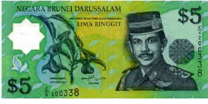 5R 1996 Polymer
Green
Sultans Signature Bolkiah
Front  Pitcher plant , Sultan Haji H B M Waddaulah
Rev Rainforest floor Banknote