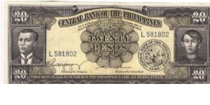 PI-137b Philippine 20 Pesos note, prefix L. Banknote