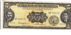 PI-135b Philippine 5 Pesos note, prefix AF. Banknote