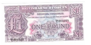 British special Payment vouchers
1 Pound
AA series
AA/8 884589
2nd Series
I think it is dated 1948

Thomas De La Rue Company       (The Printer)

From thingee
from the CCF Forum

Thank You Jen Banknote