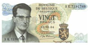 Back on blue, orange and multicolour underprint. King Baudouin I at left and as watermark, arms at lower right. Atomium complex in Brussels at right on back. Signature 18, 19, 20. Banknote