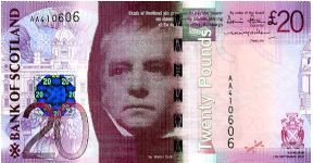 Royal Bank of Scotland
£20
Purple
Governor Dennis Stevenson
Treasurer Colin Matthew 
Front Sir Walter Scott
Rev Forth Bridge
Security Thread
Watermark Sir Walter Scott Banknote