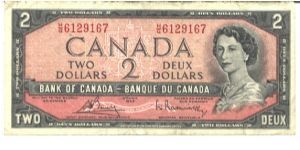 Black on red-brown underprint. Like #67 but Queen's hair modified style. Red-brown. Quebec scenery. Printer: BABNC. Banknote