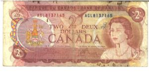 Red-brown on Multicolour underprint. Queen Elizabeth II at right. Inuits preparing for hunt on back. Banknote