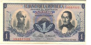 Blue on multicolour underprint. Portrait Simon Bolivar at left, Protrait General Franciso de Paula Santander at right. Liberty head and condor with waterfall and mountain at center. Printer: Imprenta de Billets-Bogota. Banknote