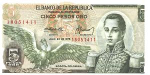 Deep greenish black and deep brown on multicolour underprint. Condor at left. Jose Maria Cordoba at right. Fortress at Cartagene at center on back. Banknote