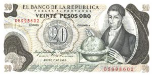 Brown, gray and grren on multicolour underprint. Francisco Jose de Caldas with globe on right. Back brown and green on multicolour underprint. Balsa Musica from Gold Museum. Banknote