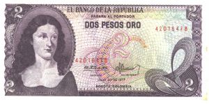 Purple on multivcolour underprint. Policarpa Salavarietta at left. Back brown; El Dorado from the Gold Museum. Banknote