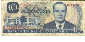 Bark blue on multicolour underprint. University building at left. Rodrigo Facio Brenes at right. Central Bank on bank. Watermark: BCCR10. Printer ABNC (without imprint). Series D. Banknote