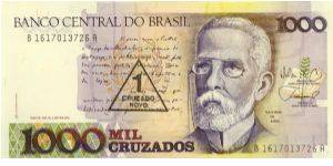 Brazil 1000 Cruzados with overprint of 1 New Cruzados. Original note from 1987, overprinted 1989 P216b Banknote