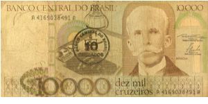Brazil 10 Cruzados overprinted on 10,000 Cruzeiros 1986 P206. Banknote