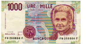 1000 Lire - pk# 114 c - Decreto Ministeriale 3.10.1990; Decreto Ministeriale 27.05.1992; Decreto Ministeriale 06.05.1994. - Sign. Fazio & Amici -  (1995-1996)
 Banknote