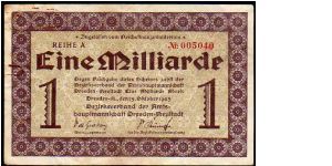 NOTGELD - 1'000'000'000 Mark - pk# 8 - Dresden 13.10.1923 Banknote