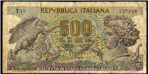 500 Lire - pk# 93 - Sign.Nuvoloni / Gubbi / Ventura / Signoretti - D. 20-Ottobre-1967 Banknote