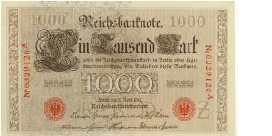 Germany 1000 Marks (Reichsbanknote) 1910.  Dated 21st April 1910 and marked Z. P44b Banknote