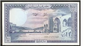 Lebanon 100 Livres 1988 P66. Blue on light pink and light blue underprint. PalaisBeit-ed-din W/ inner courtyard.  Watermark is a bearded elder. Snowy cedars on Lebanon mountains on reverse. Banknote