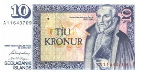 Blue on multicolour underprint. Amgrimur Jonsson at right. Old Icelandic household on back. Signature 37, 38, 42, and 43. Banknote