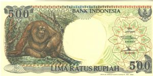 Brown and green on multicolour underprint. Orangutan resting on limb at left. Native huts at E. Kalimantan at right on back. Watermark: H. O. S. Cokroainoto Banknote