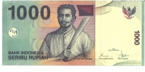 Purple on red, blue and multicolour underprint. Kapitan Pattimura at center. Fishing boat and volcano on back. Banknote