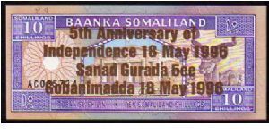 (Somaliland)

10 Shillings
Pk 9

(Indipendence Anniversary in Bronze - o.d 1994) Banknote