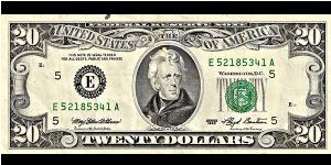 USA 20 Dollars 1993.
Obverse: Andrew Jackson.
Reverse: The White House.
Watermark: No.
I received this note through normal circulation. Banknote