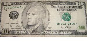 Series 2001 $10 bill star note (common) found in circulation on 11/17/2007 Banknote
