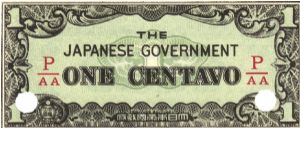 PI-102b Philippine 1 centavos note under Japan rule, fractional block letters P/AA. Banknote