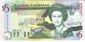 Dark green, black and violet on multicolour underprint. Adrmiral's House in Antigua and Barbuda at lefy, Trafalgar Fall in Dominica at right on back. Banknote