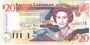 Brown-violet, blue-grey and orange on multi-colour underprint. Government House in Montserrat at left, nutmeg in Grenada, at right on back. Banknote