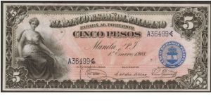 p1 1908 5/Cinco Peso El Banco Espanol Filipino Banknote