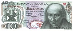 Dark green on multicolour underprint. Bell at left, M. Hidalgo y Castilla at right. National arms and Dolores Cathedral on back. Banknote