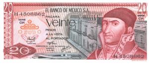 Red and black on multicolour underprint. J. Morelos y Pavon at right building in background. Pyramid of Quetzalcoatl on back. Banknote