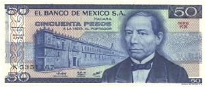 Blue on multicolour underprint. Government palace at left, B. Juarez at right. Like #65, 67 but with four signatures. Banknote