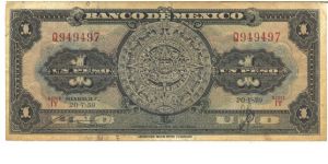 Black on multicolour underprint. Aztec calendar stone at center. Like #56 but with text: MEXICO D. F. added above date at lower left. Back red, independence monument at center. Banknote