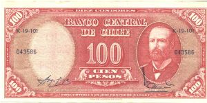 Red. Portrait Arturo Prat at left. 3 signature varieties. Series C-K. Signature titles: PRESIDENTE & GERENTE GENERAL. Light and dark varieties. Watermark: D. Diego Portales. Printer: CdM-Chile Banknote