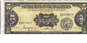 PI-135b English series 5 Peso note, prefix AS. Banknote