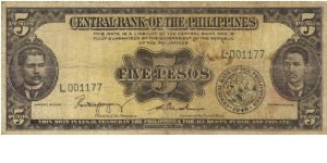 PI-135b English series 5 Peso note, prefix L. Banknote