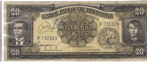 PI-137b English series 20 Pesos note, prefix F. Banknote