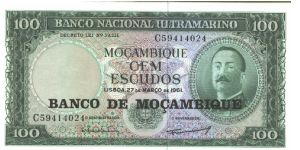 Overprint of #109.

Green on mutlicolour underprint. Portrait A. de Ornelas at right, arms at upper center. Bank steamship seal at left on back. Printer: BWC without imprint. Banknote