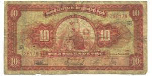 Orange on multicolour underprint. Seated liberty holding shield and staff at center. Banknote