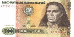 Deep brown-violet and olive-green on mulitcolour underprint. Jose Cabriel Condorcanqui Tupec. Amaru II at right. Mountains and climber at center on back. Printer: BDDK Banknote