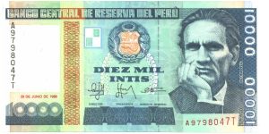 Like #140 but with broken silver security thread.

Aqua, blue and orange on light green and multicolour underprint. Caser Vallejo at right. Black and red increasing size serial # (anti-counterfeiting device). Satiago de Chuco street scene on back. Printer: TDLR Banknote