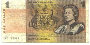 Like #37

Signature J. G. and F. Wheeler (1974)

Dark brown on orange and multicolour underprint. Arms at center, Queen Elizabeth II at right. Stylized aboriginal figures and animals on back. Banknote