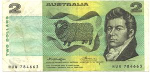 Like #38

Signature J. G. Phillips and F. H. Wheeler (1974)

Black on green, blue and yellow multiclour underprint. John MacArthur at right, sheep at center William Farrer at left, wheat at center on back. Banknote