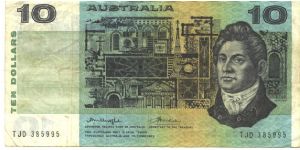 Like #40

Signature J. G. Phillips and F. H. Wheeler (1972)

Black on blue, ornage and multicolour underprint. Francis Greenway at right, village scene at center. Henry Lawson and Building on back. Banknote