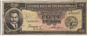 PI-138 English Series 50 Pesos note with signature group 2, prefix A. Banknote